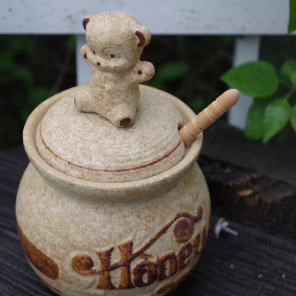 Cute Honey Pottery Jar With Bear Hand Crafted Stone Wear